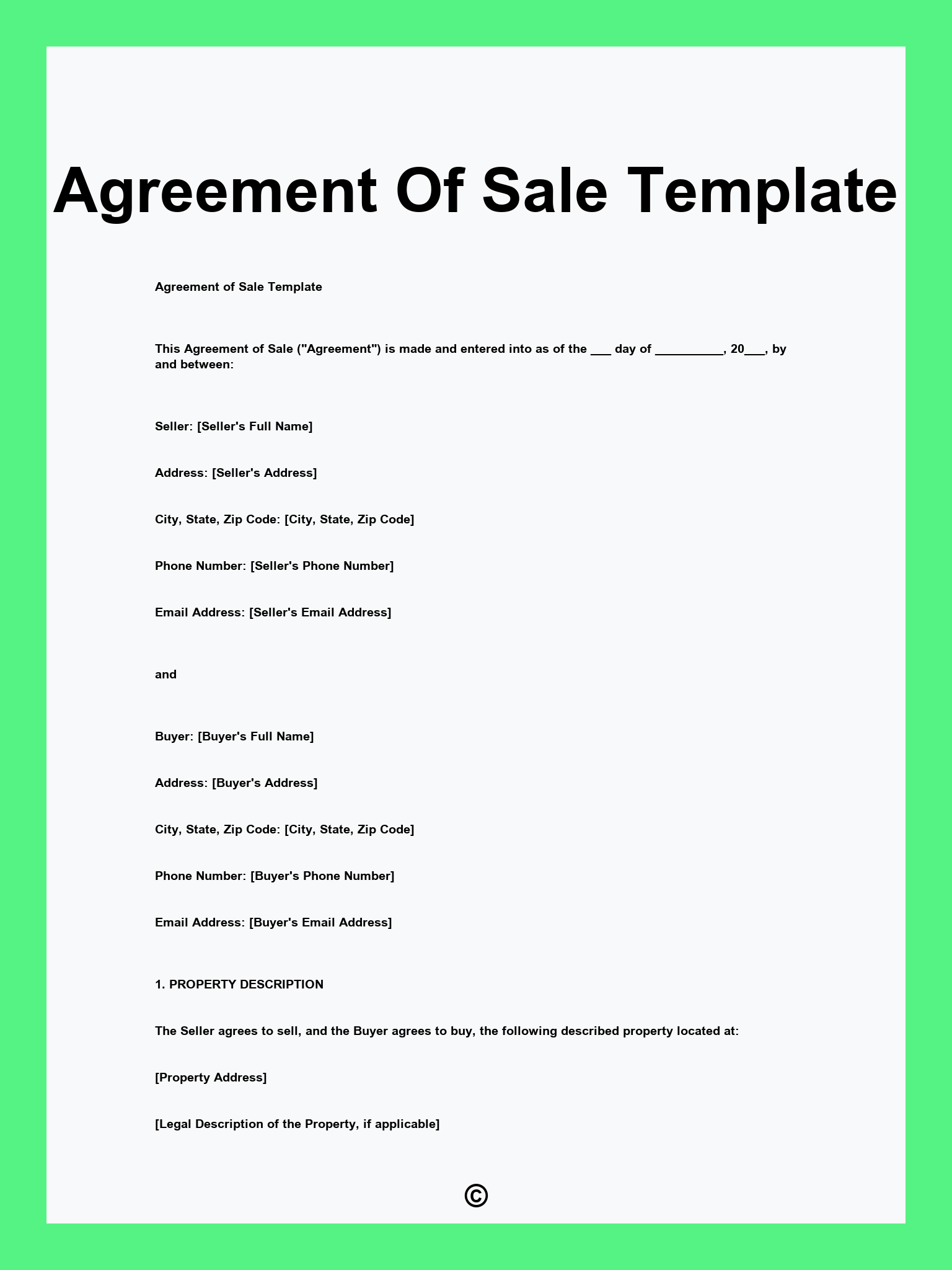 Agreement Of Sale Template