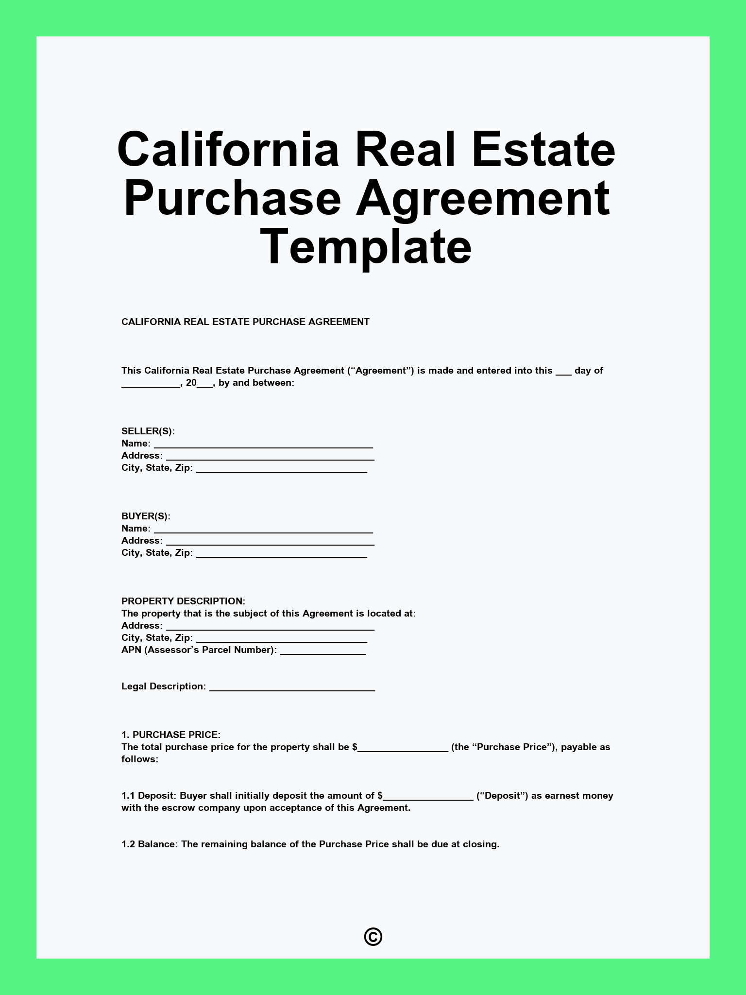 California Real Estate Purchase Agreement Template