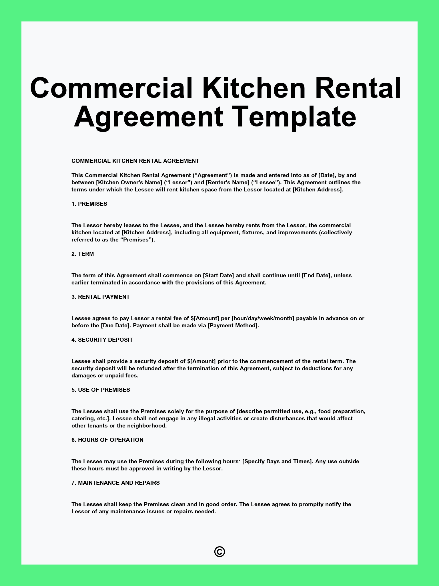 Commercial Kitchen Rental Agreement Template