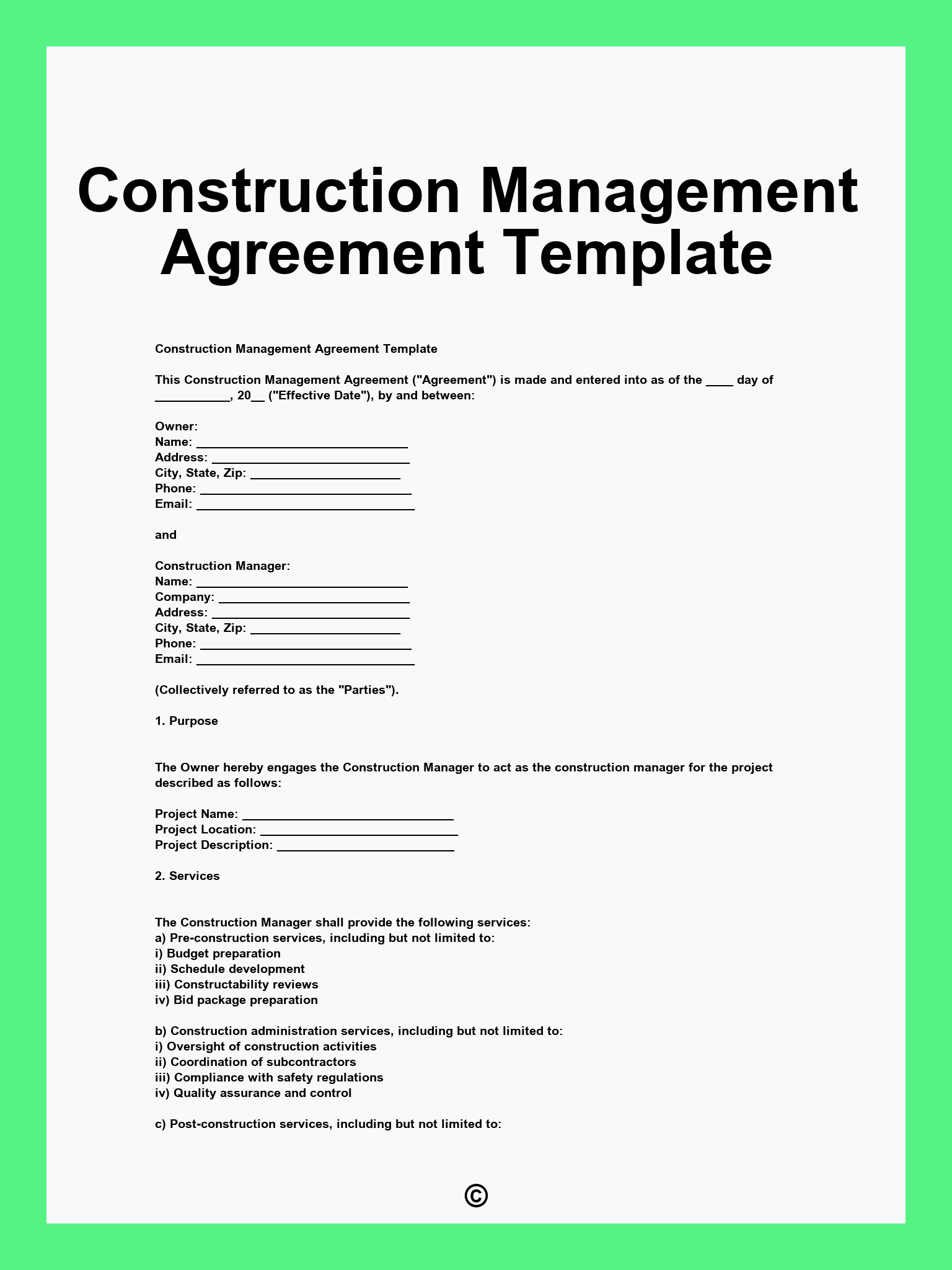 Construction Management Agreement Template