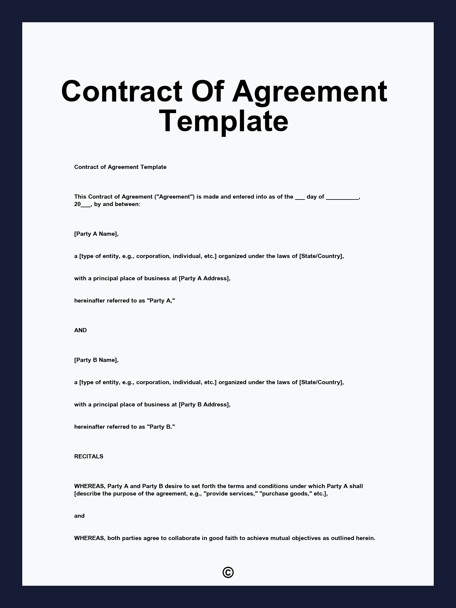 Contract Of Agreement Template