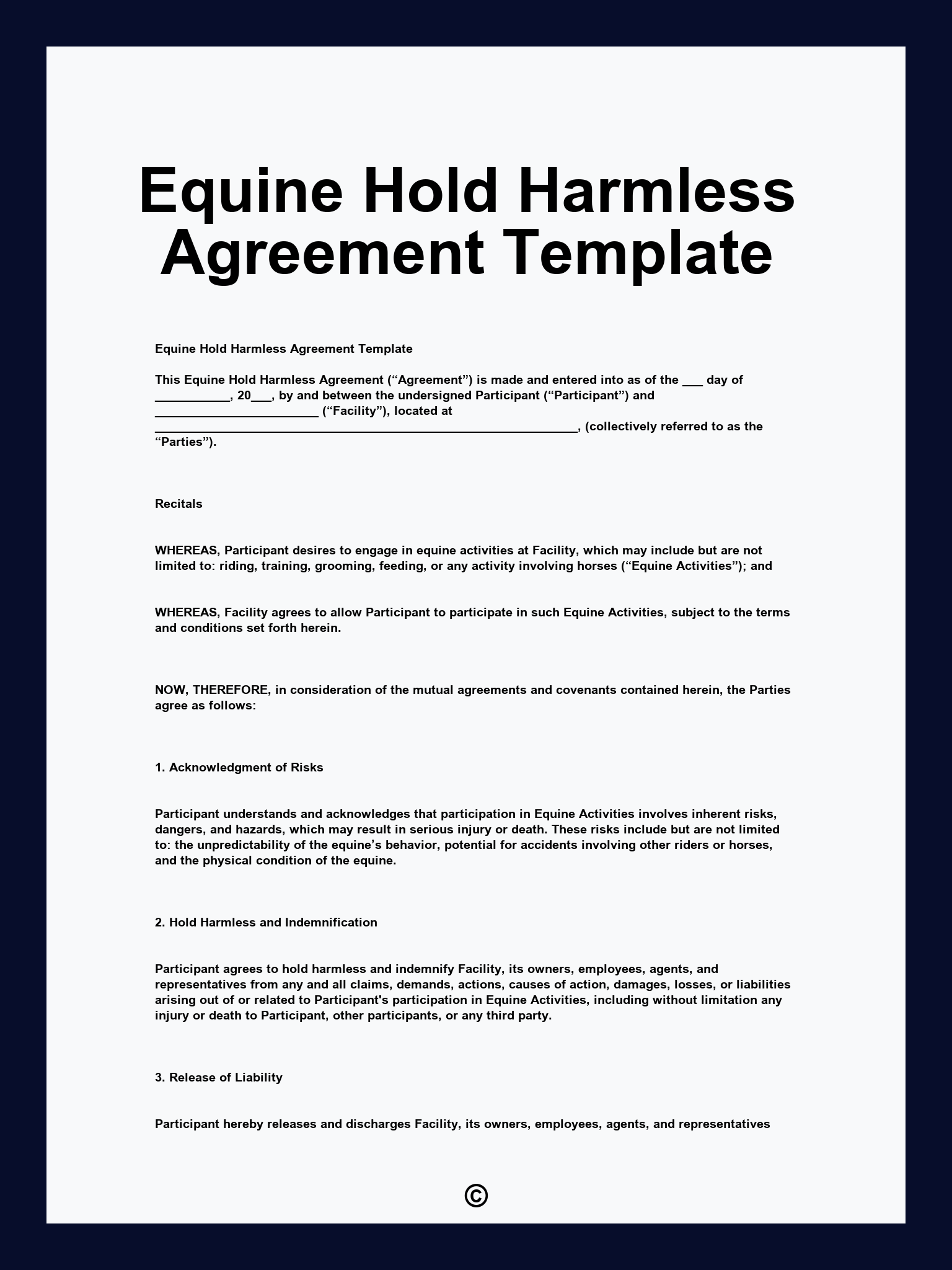 Equine Hold Harmless Agreement Template