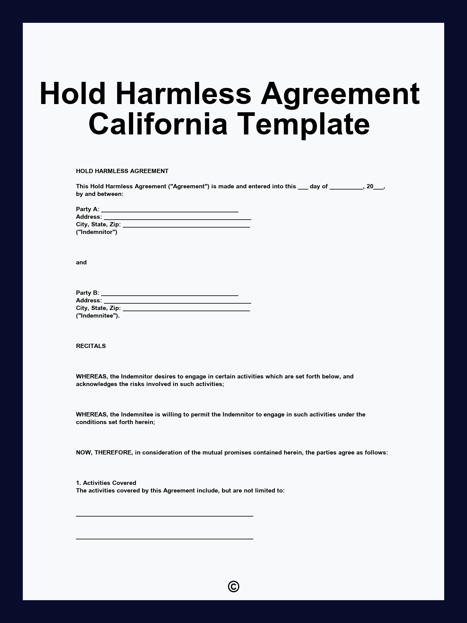 Hold Harmless Agreement California Template