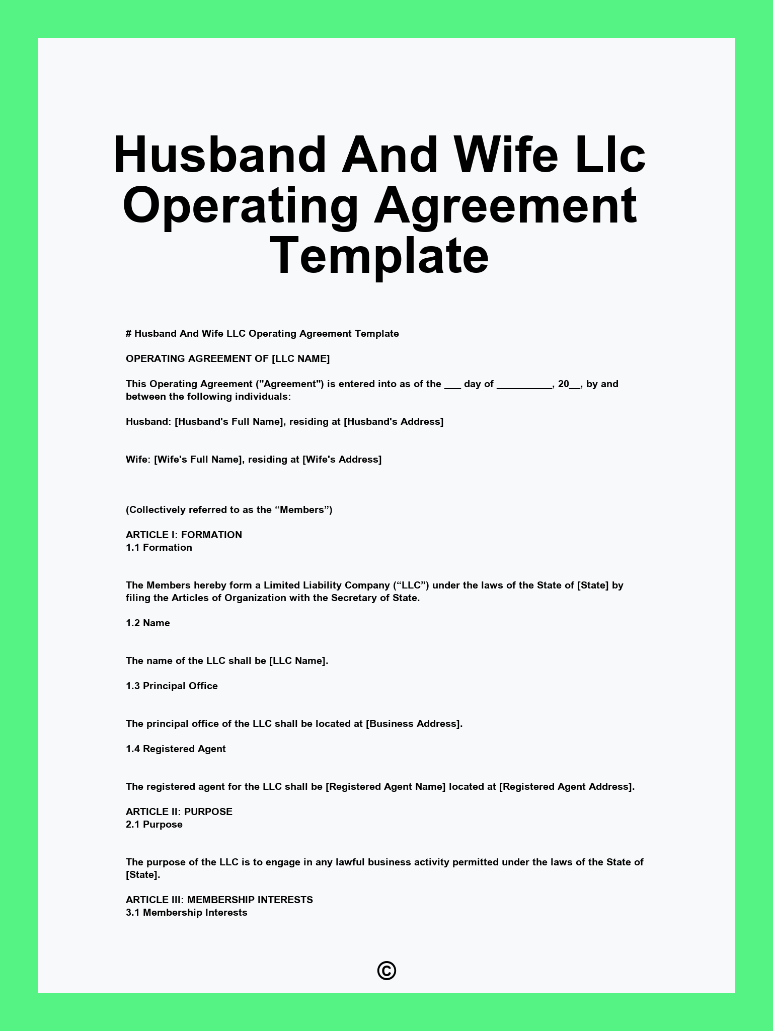Husband And Wife Llc Operating Agreement Template