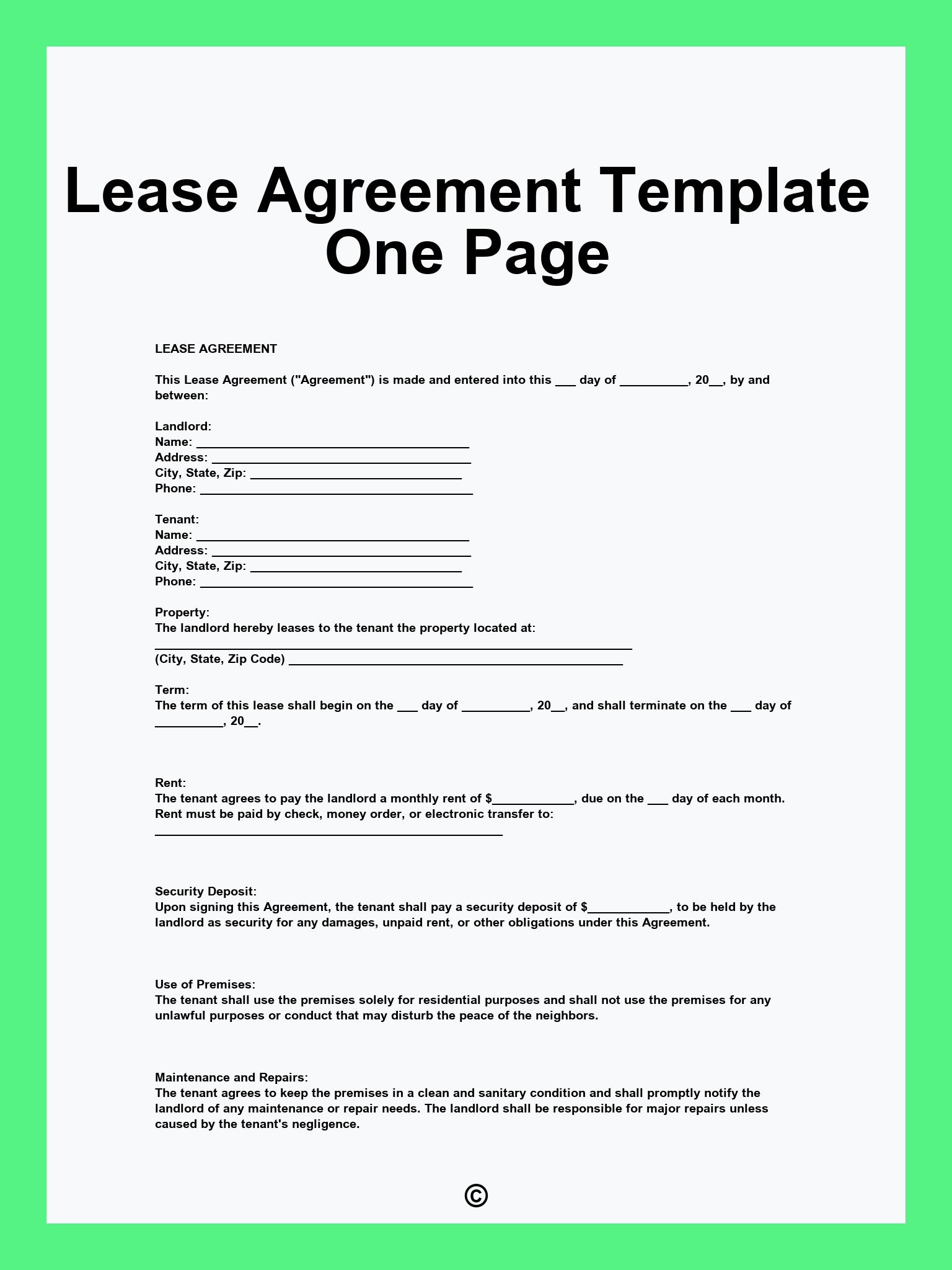 Lease Agreement Template One Page