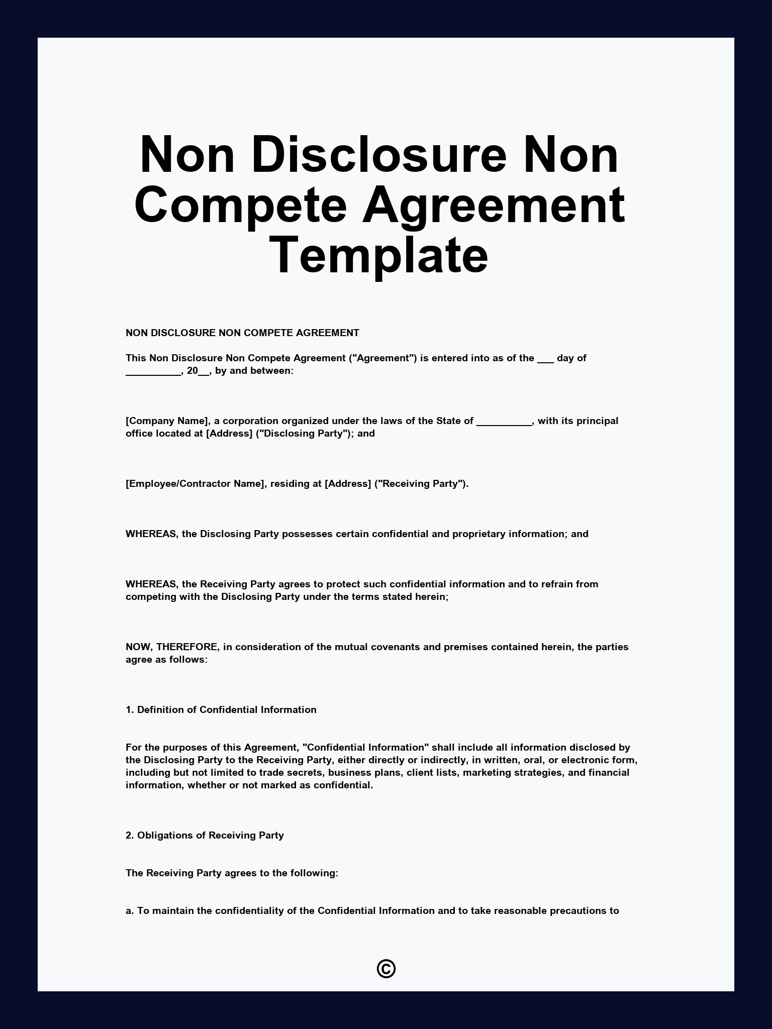 Non Disclosure Non Compete Agreement Template