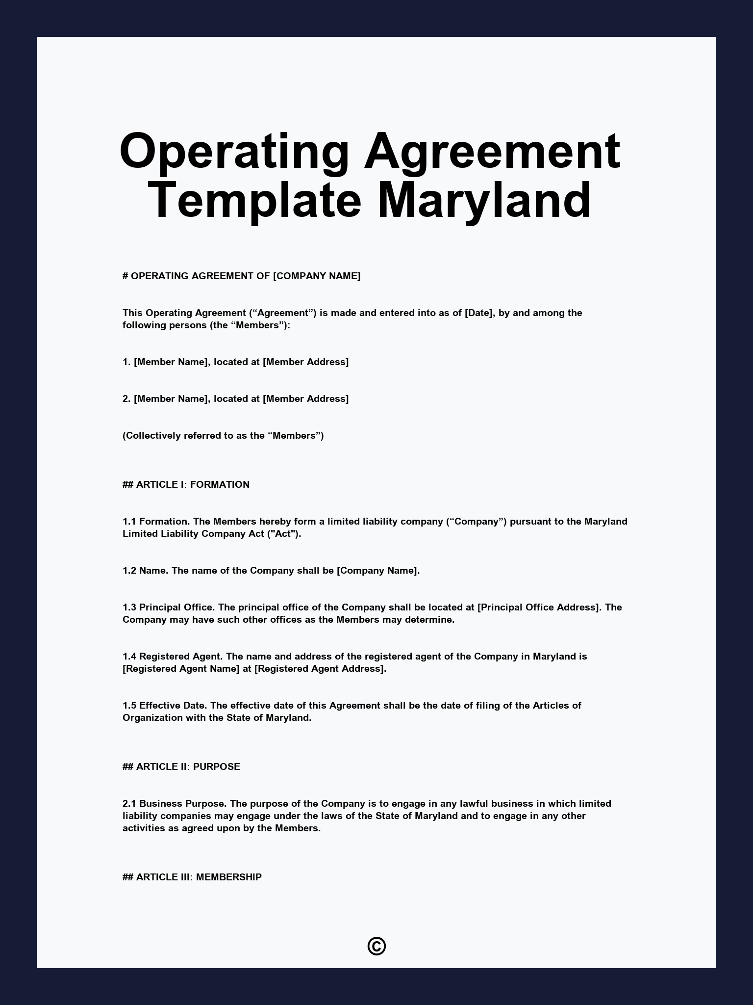 Operating Agreement Template Maryland