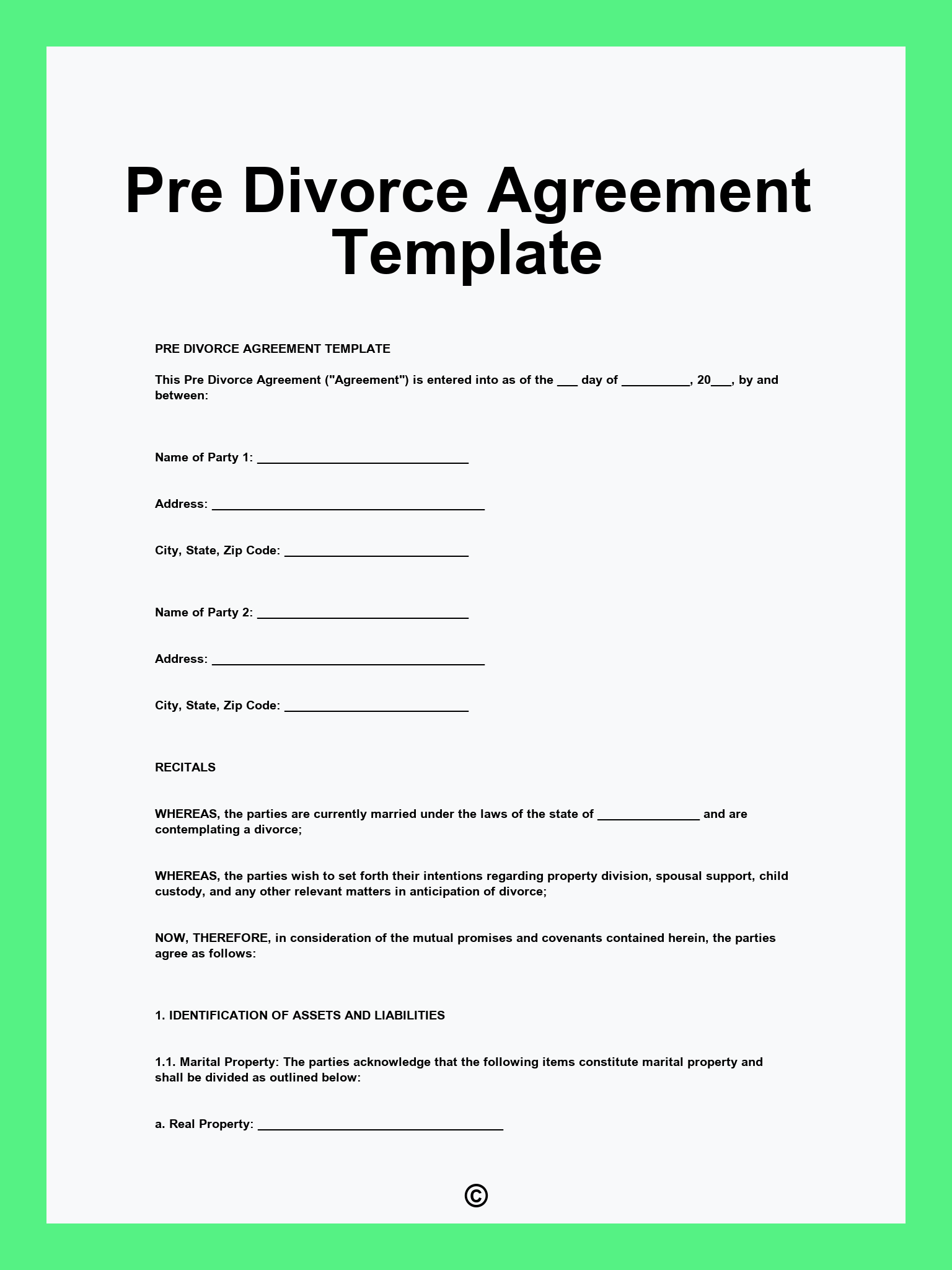 Pre Divorce Agreement Template