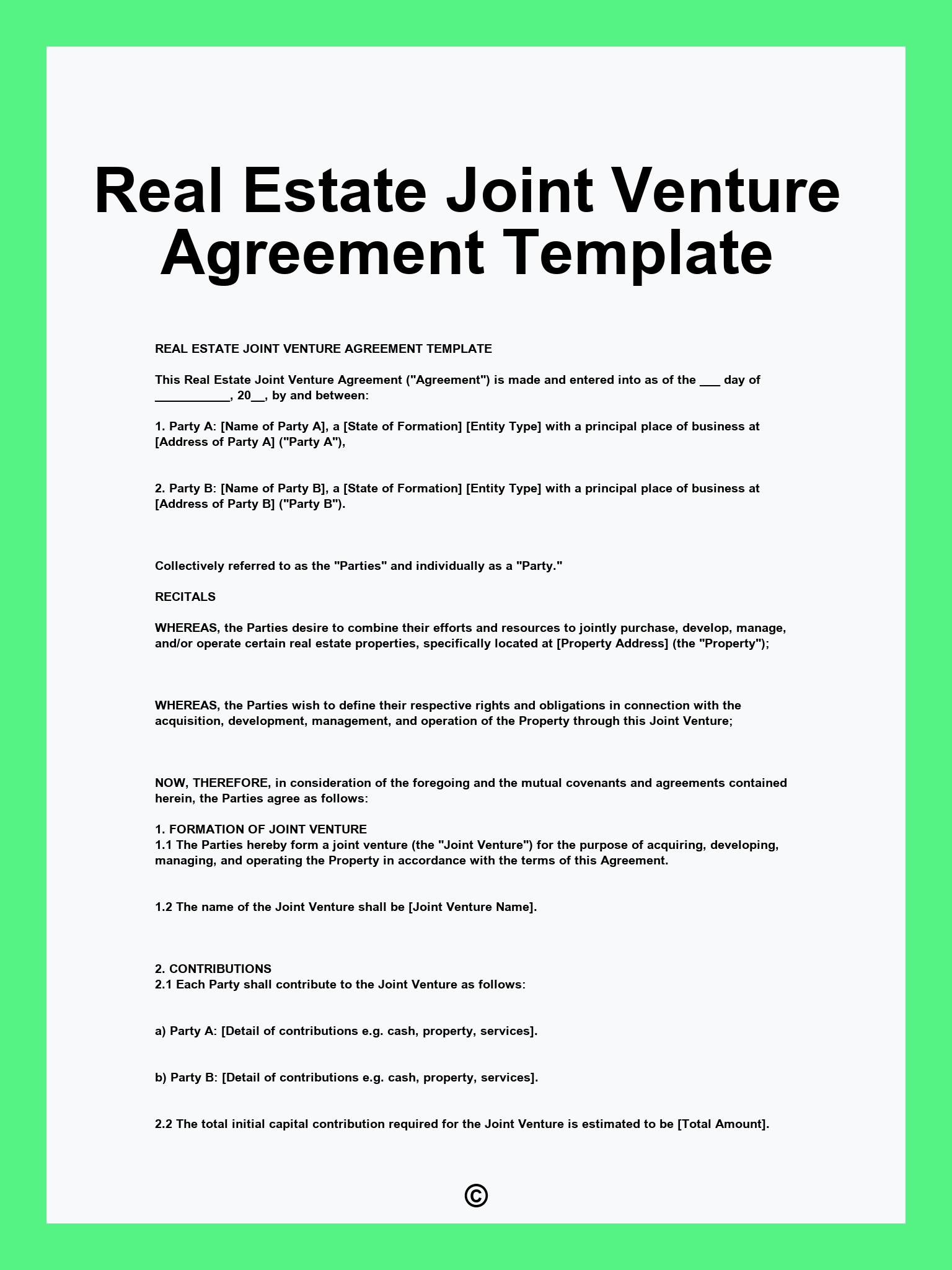 Real Estate Joint Venture Agreement Template