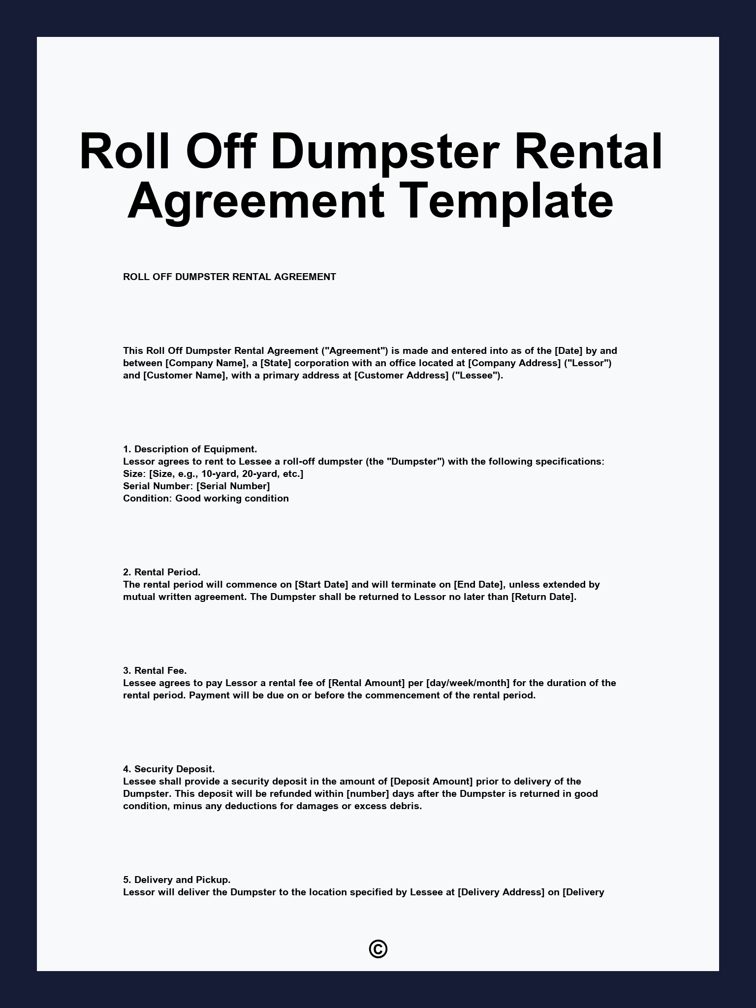 Roll Off Dumpster Rental Agreement Template