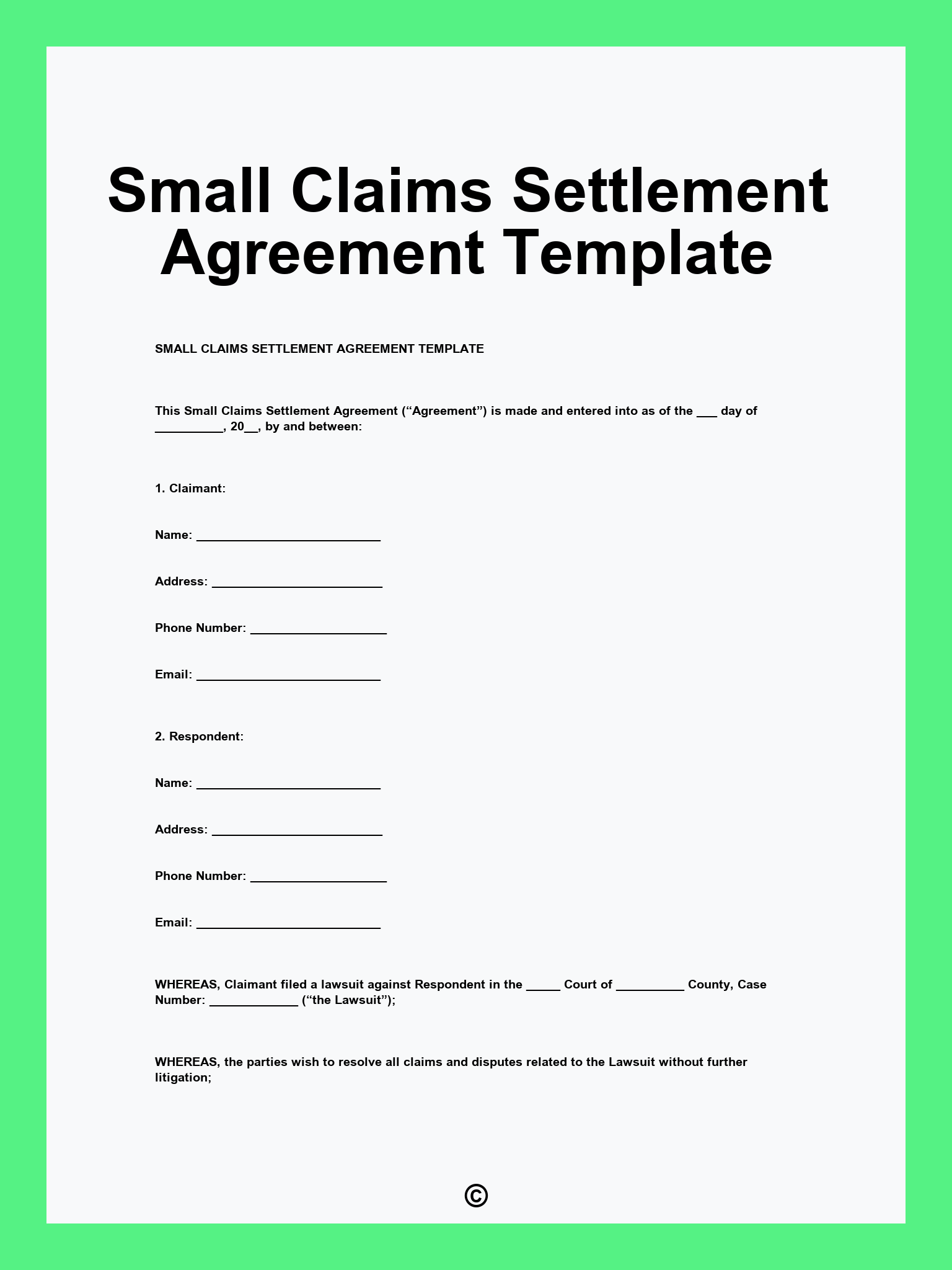 Small Claims Settlement Agreement Template