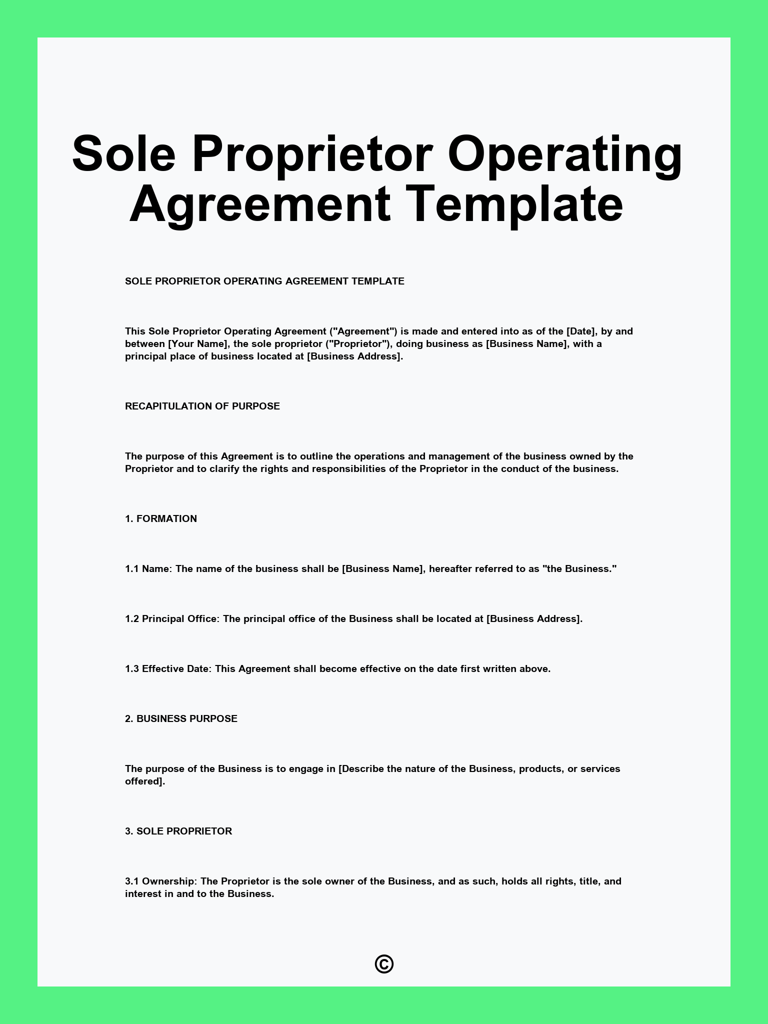 Sole Proprietor Operating Agreement Template