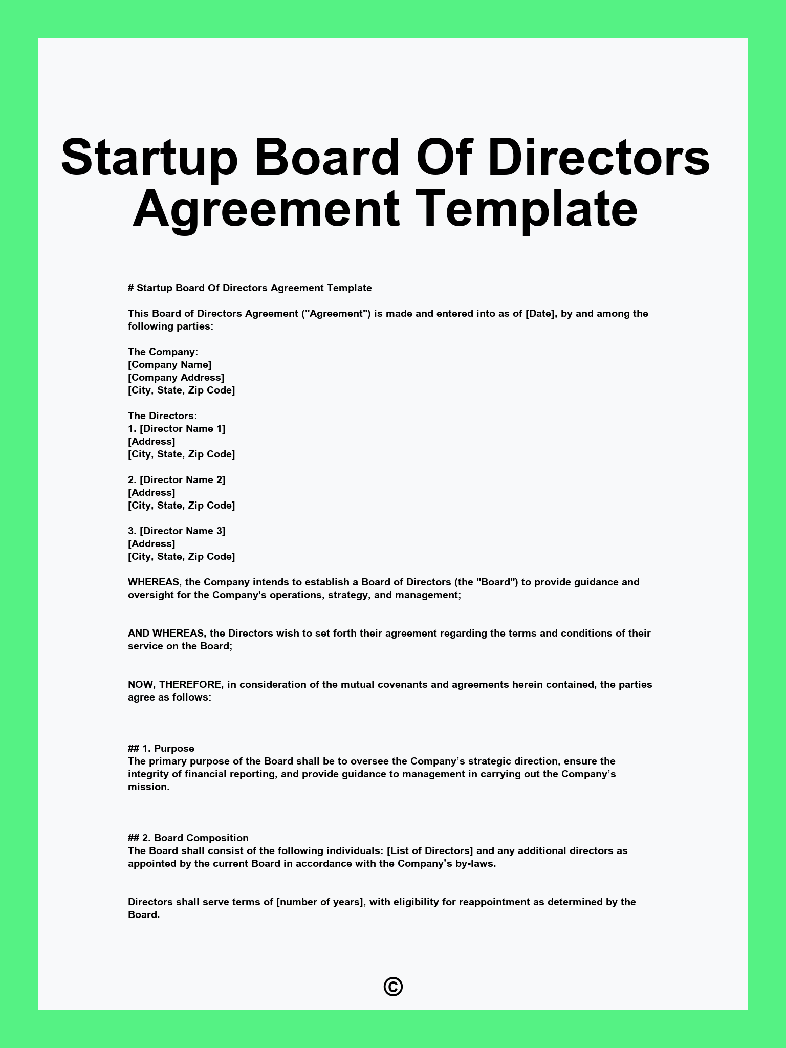 Startup Board Of Directors Agreement Template