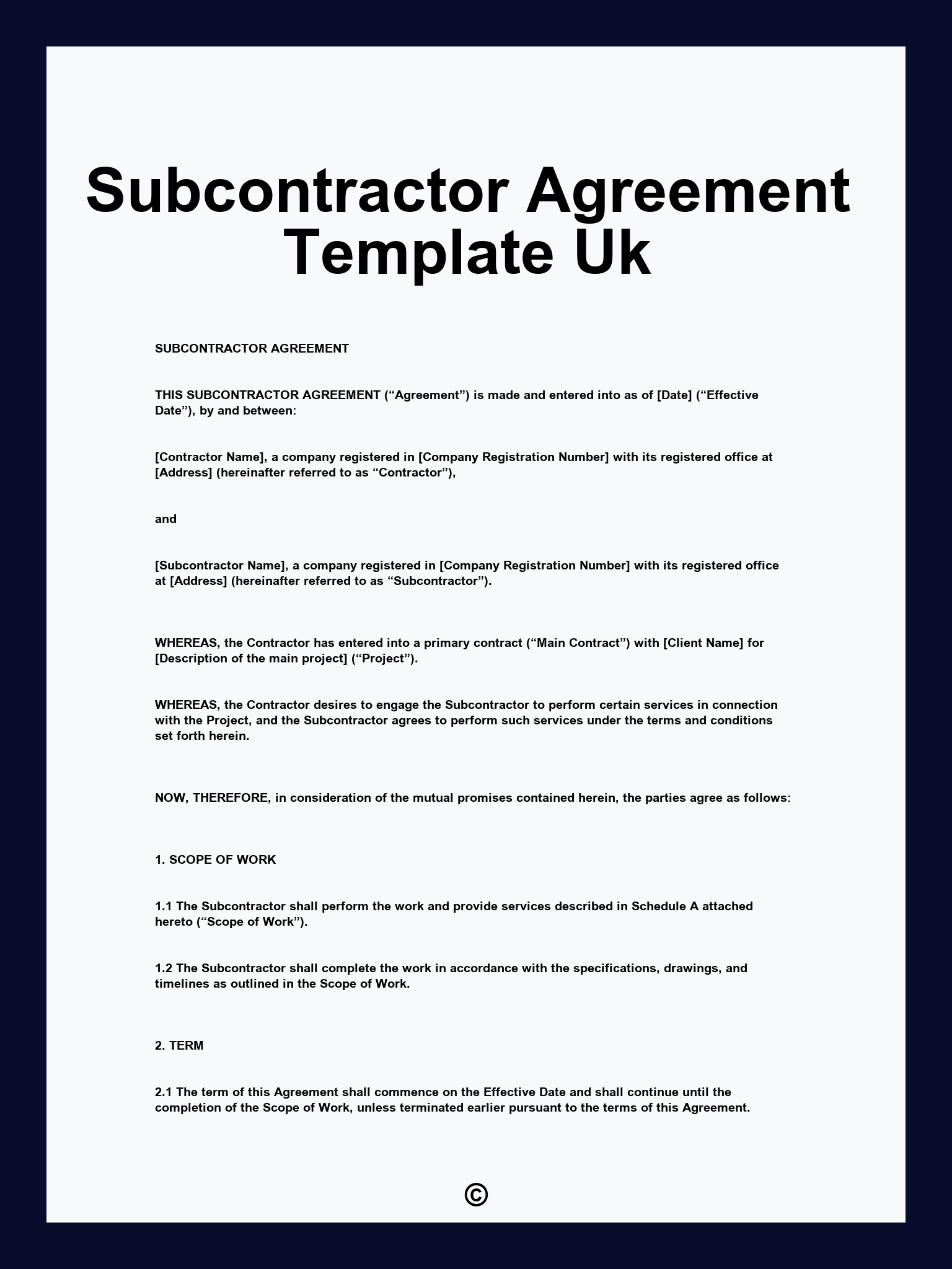 Subcontractor Agreement Template Uk