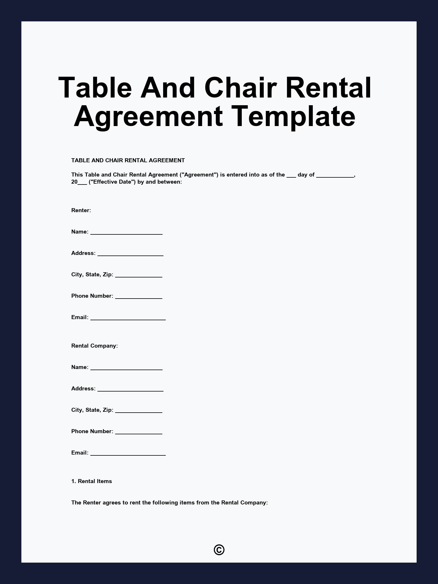 Table And Chair Rental Agreement Template