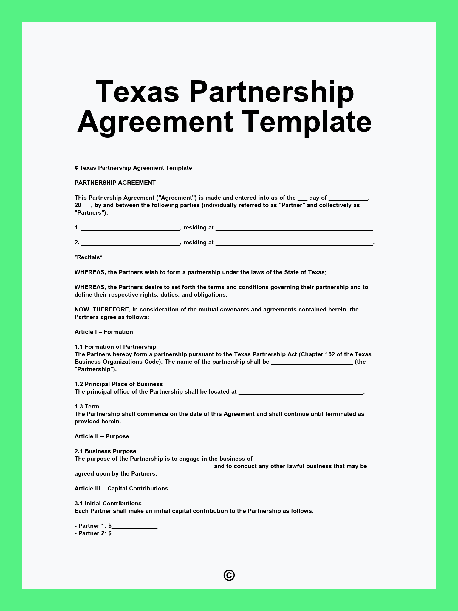 Texas Partnership Agreement Template